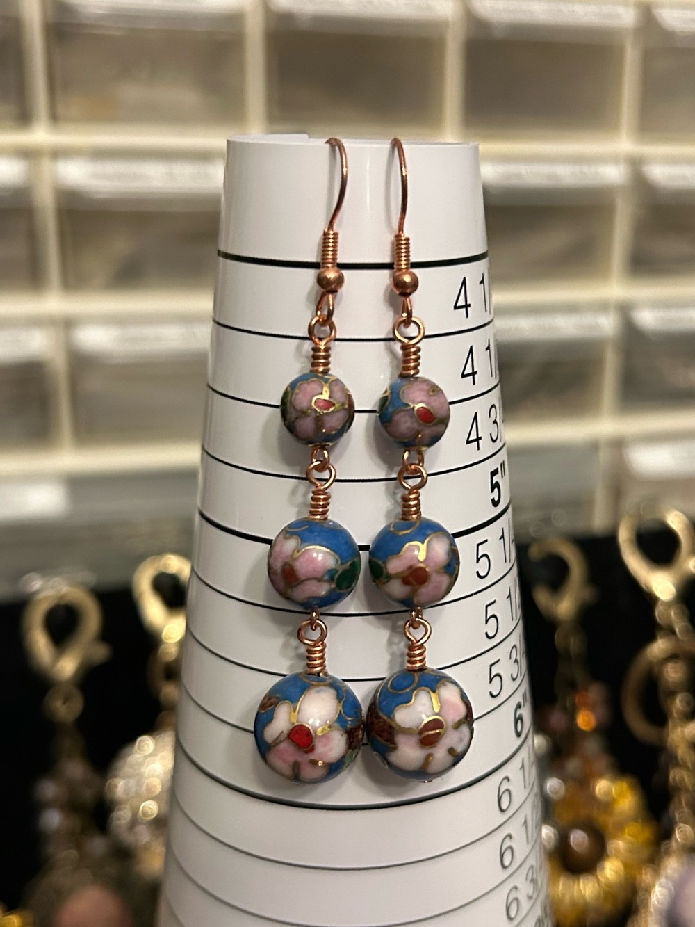 Cloisonné Floral Drop Earrings - Blue & Pink